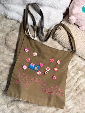 Personalized Brown Canvas Tote Bag with Pink Embroidery